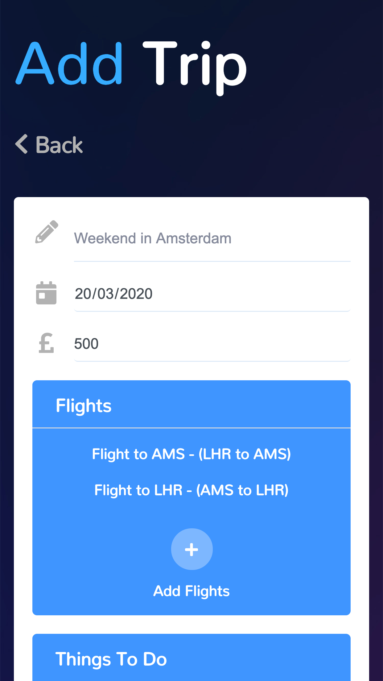 Application screenshot - add trip